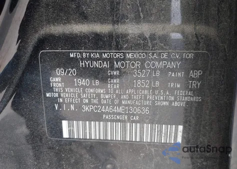 2021 Hyundai Accent Se z USA, uszkodzony, nr VIN 3KPC24A64ME130636